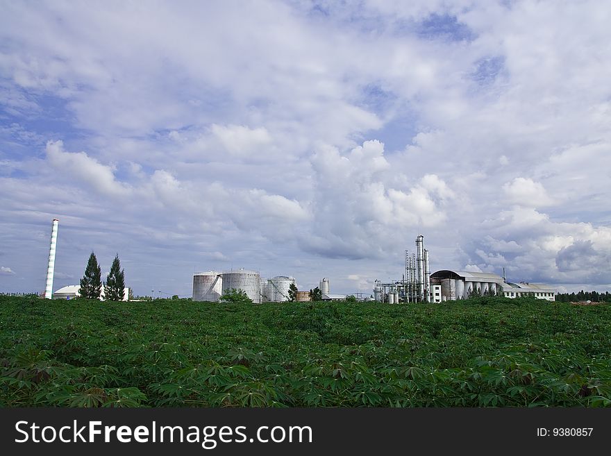 Ethanol factory in cassava field in north-east of Thailand