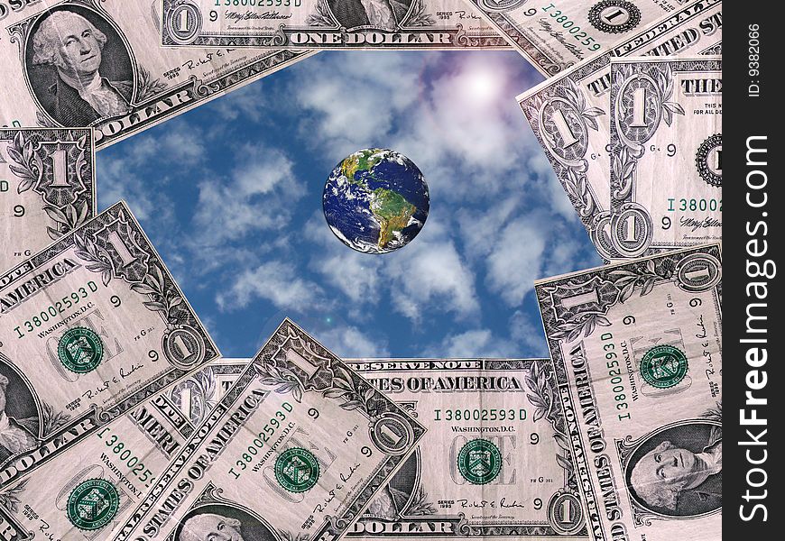 Group of paper money and globe in the middle on beautiful bright sky and sparkling on the sky. Group of paper money and globe in the middle on beautiful bright sky and sparkling on the sky
