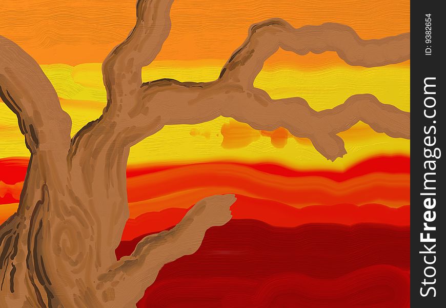 Painted style image of a dry dead tree in the sunset. Painted style image of a dry dead tree in the sunset