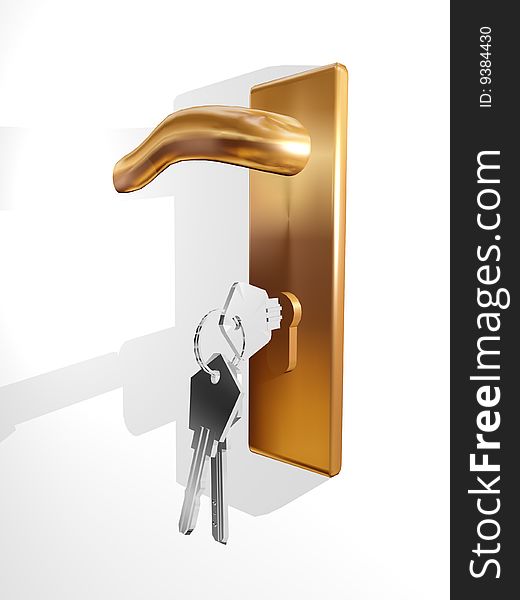 3d chrome keys with golden door handle