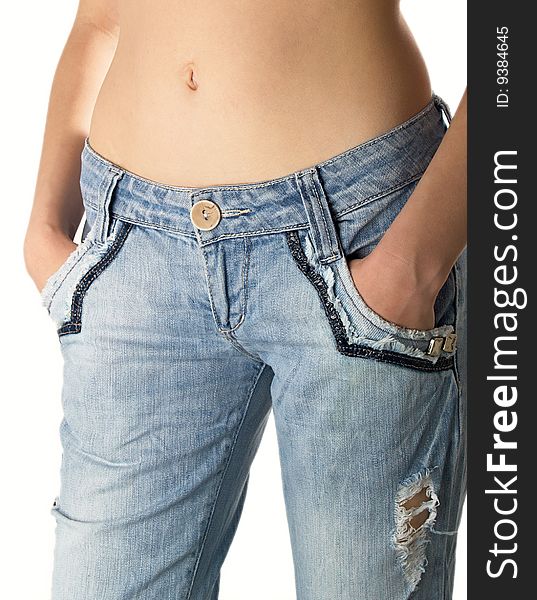 Girl with jeans on the white background. Girl with jeans on the white background