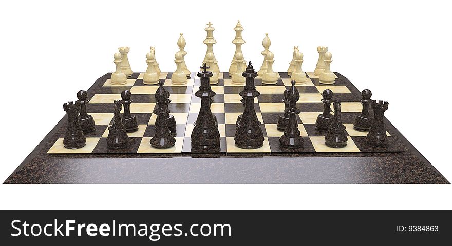 Isolated chess board with white and black figures, stone and marble