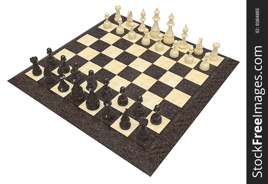 Isolated chess board with white and black figures, stone and marble