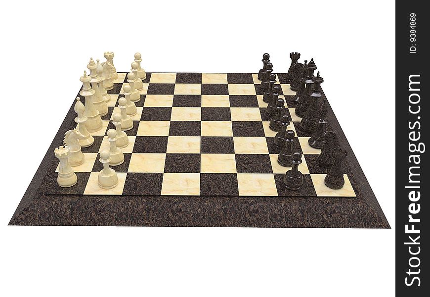 Isolated chess board with white and black figures, stone and marble