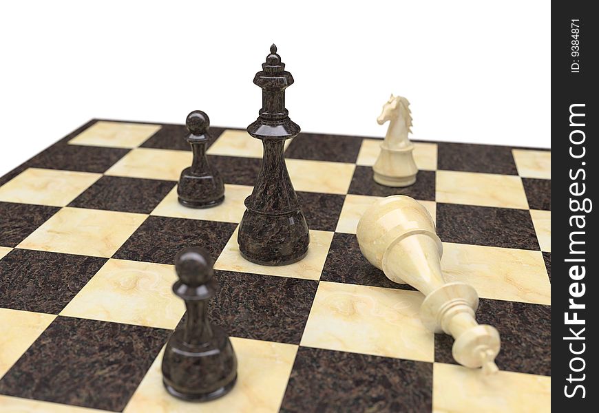 Isolated chess board with white and black figures, stone and marble