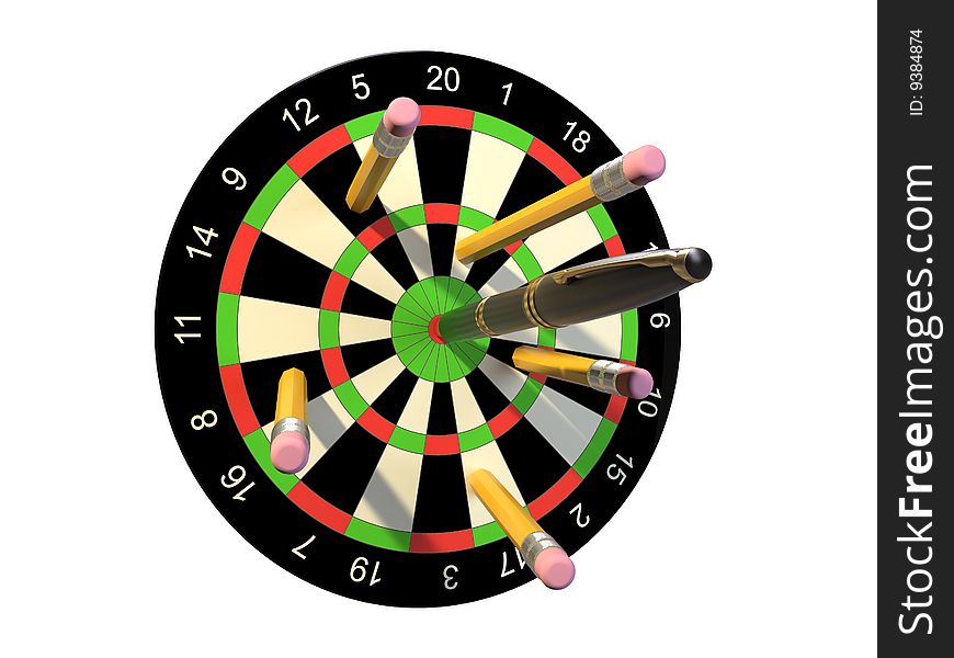 Isolated darts concept, darts board with pencials as javelin