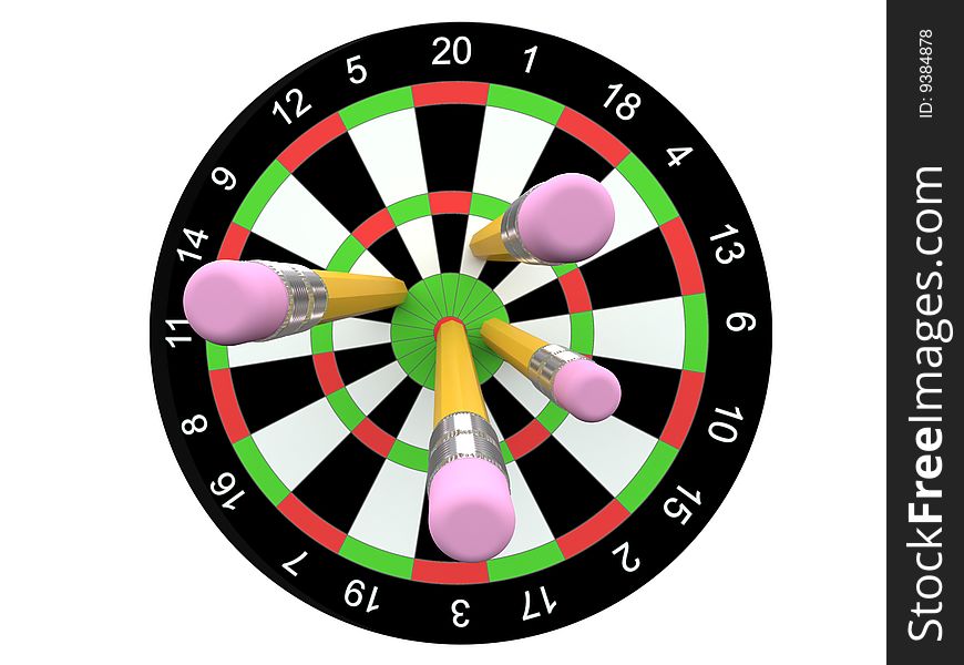 Isolated darts concept, darts board with pencials as javelin