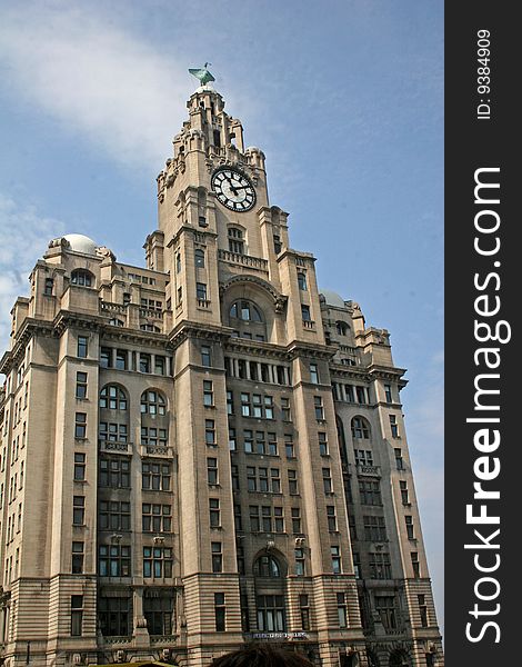 Looking up at clock and liver bird. Looking up at clock and liver bird