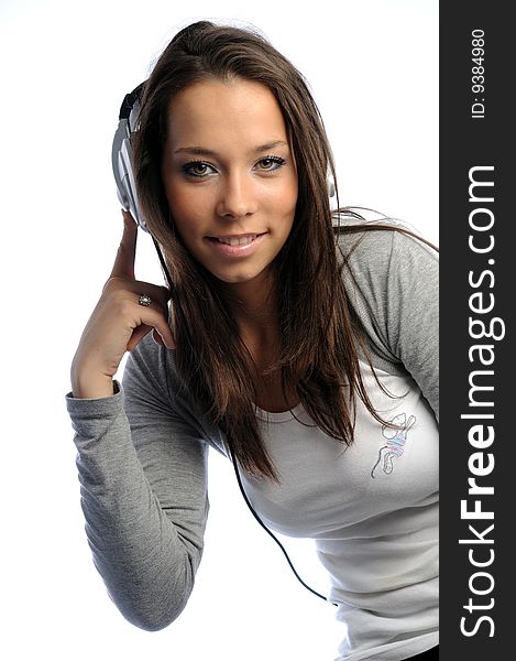 Pretty girl with dark hair with headphones. Pretty girl with dark hair with headphones