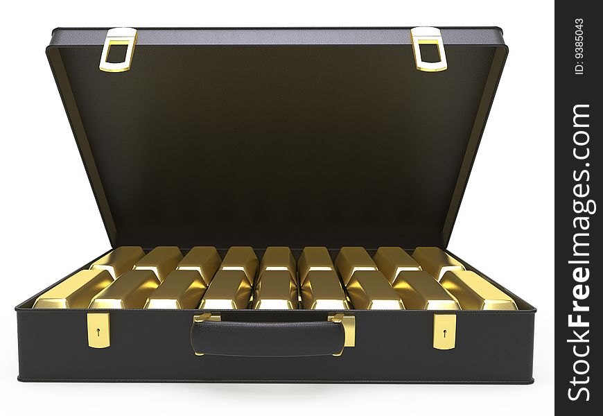 Isolated leater case with gold bullion on white background