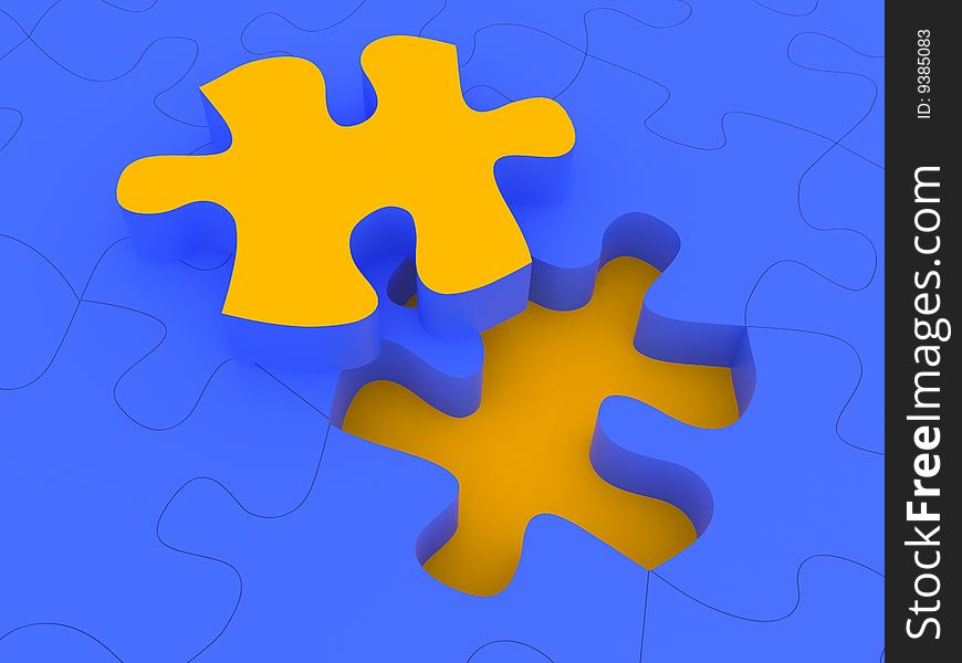 Yellow piece puzzle on blue puzzle background. Yellow piece puzzle on blue puzzle background