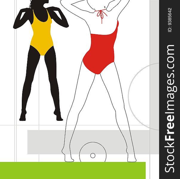 Silhouettes of girls on a white background. On them bright bathing suits are dressed. Girls are engaged in fitness. Silhouettes of girls on a white background. On them bright bathing suits are dressed. Girls are engaged in fitness.
