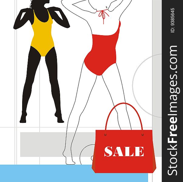 Silhouettes of girls on a white background. On them bright bathing suits are dressed. In the foreground a red package. . Silhouettes of girls on a white background. On them bright bathing suits are dressed. In the foreground a red package.