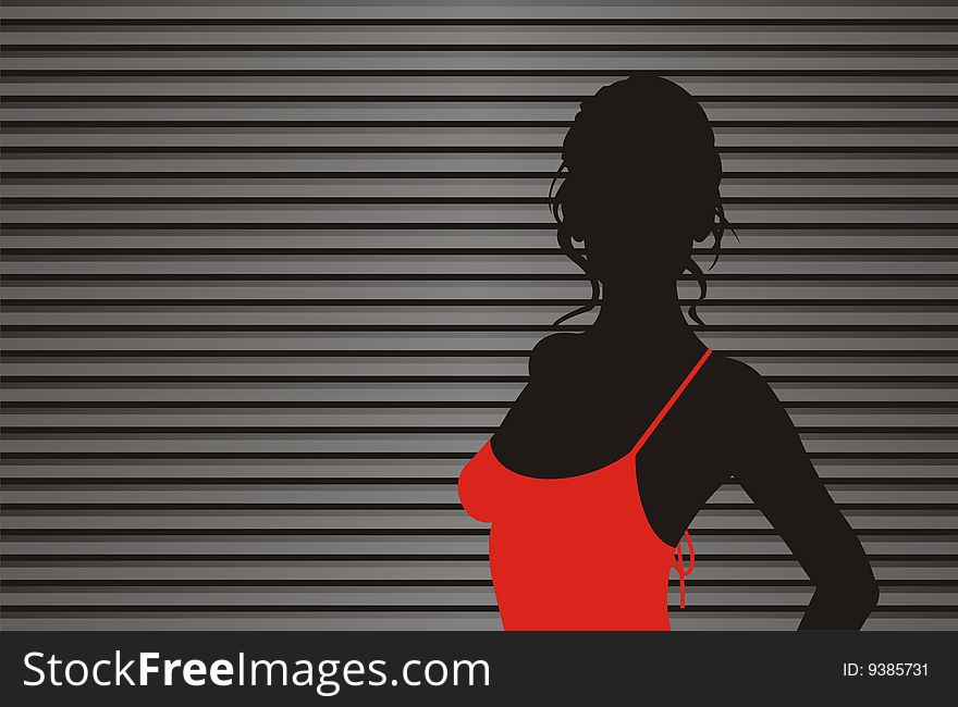 Silhouette of the girl on a striped background. On it the red bathing suit is dressed. Near to the girl a place for the text. Silhouette of the girl on a striped background. On it the red bathing suit is dressed. Near to the girl a place for the text.