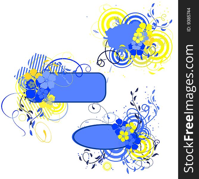 Blue and yellow banner with flowers. Vector illustration