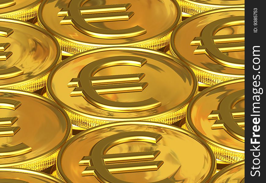Symbolic gold chinks of euro located on a plane. Symbolic gold chinks of euro located on a plane