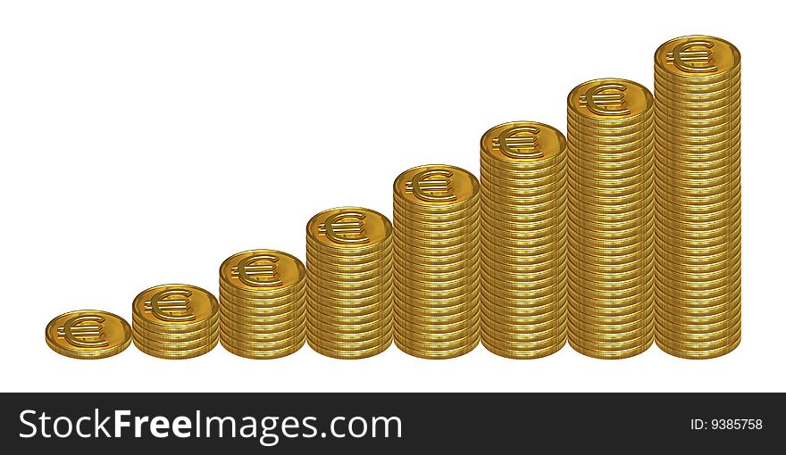 Isolated columns of golden euro coins. Isolated columns of golden euro coins