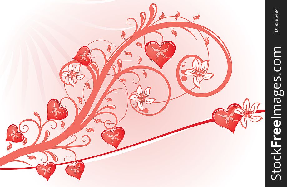Red floral background with hearts. Red floral background with hearts