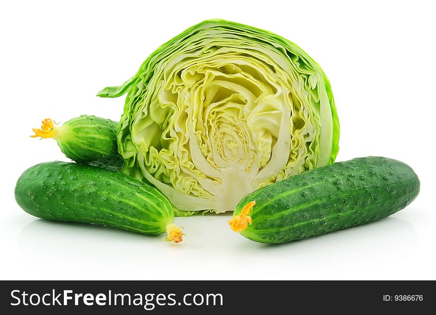 Ripe Cabbage and Cucumbers Isolated on White Background