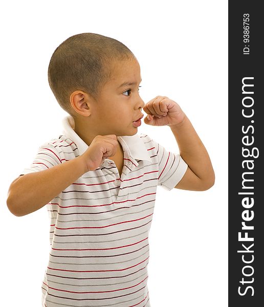 Young handsome thai-english boy posing as a boxer, isolated on white