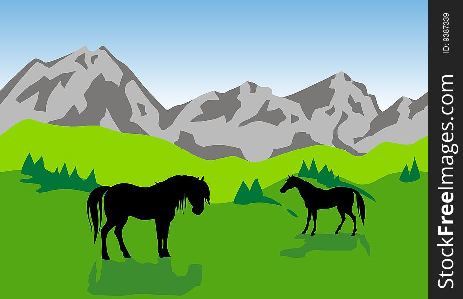 Mountainous landscape with green fields and horses