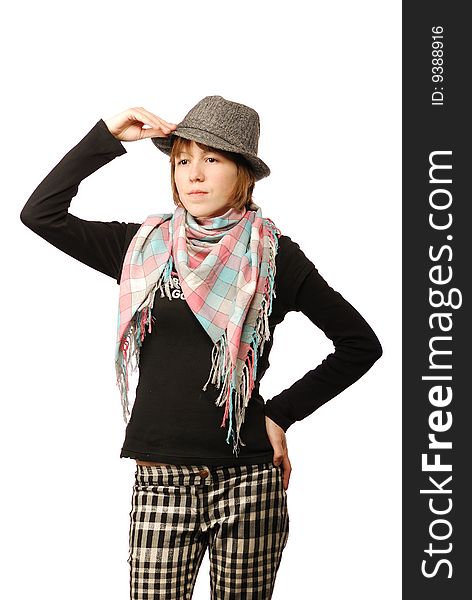 The young woman with a scarf and in a cap, the confident sensual.