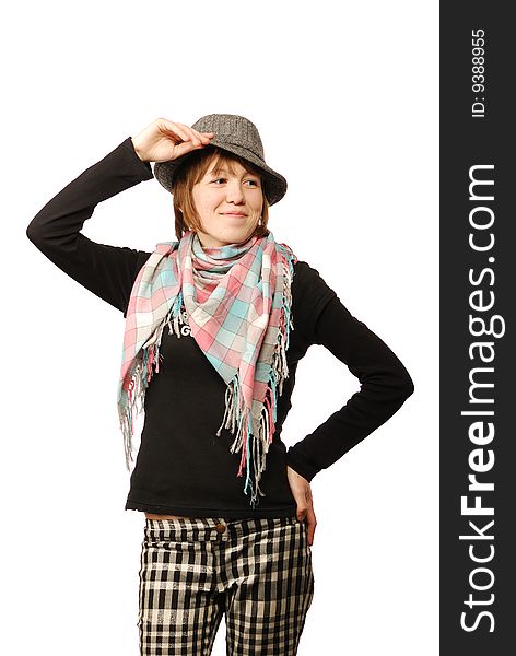 The young woman with a scarf and in a cap, the confident sensual.