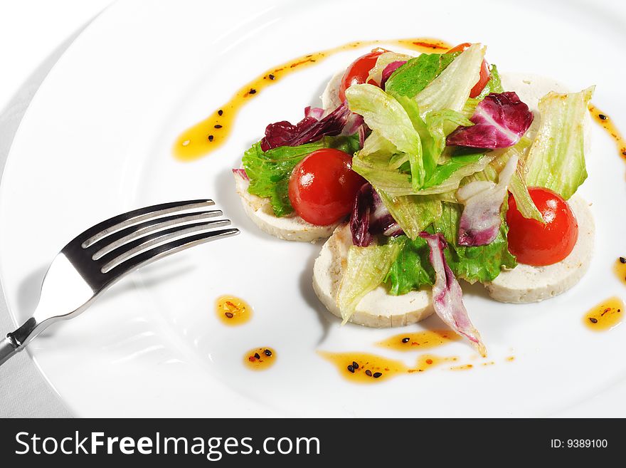 Breast of Chicken Plate Served with Hot Sauce, Vegetables and Salad Leaves. Breast of Chicken Plate Served with Hot Sauce, Vegetables and Salad Leaves