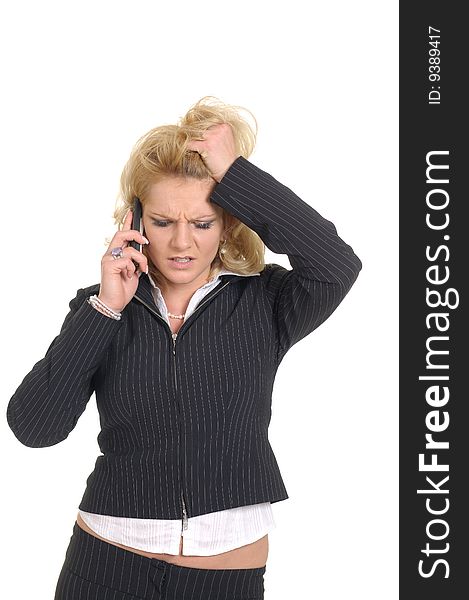 Woman with phone shows a emotion