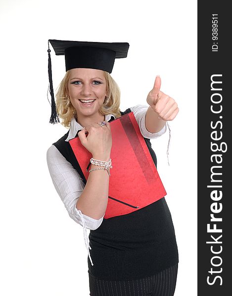 Woman with red briefcase and cap