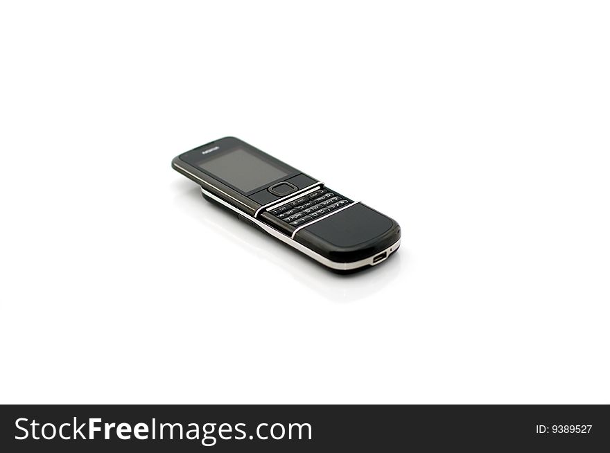 Luxury black mobile phone on white, buttons in focus