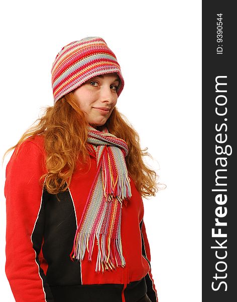 The young woman with a scarf and in a cap, the confident sensual.