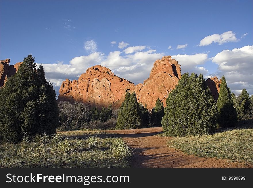 The Garden of the gods public park in Colorado , USA at sunset .