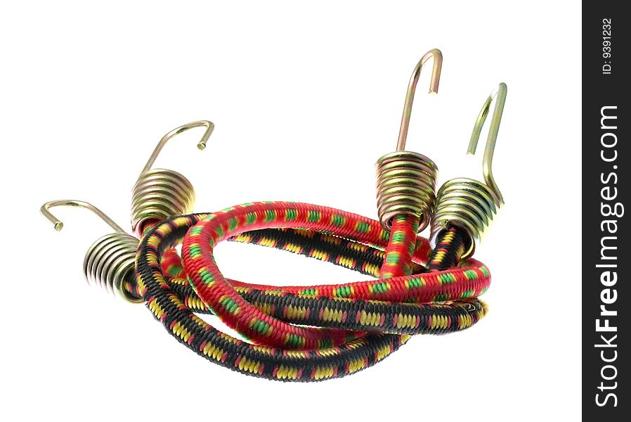 An image of a twisted pair of standard bungie cords on white background. An image of a twisted pair of standard bungie cords on white background