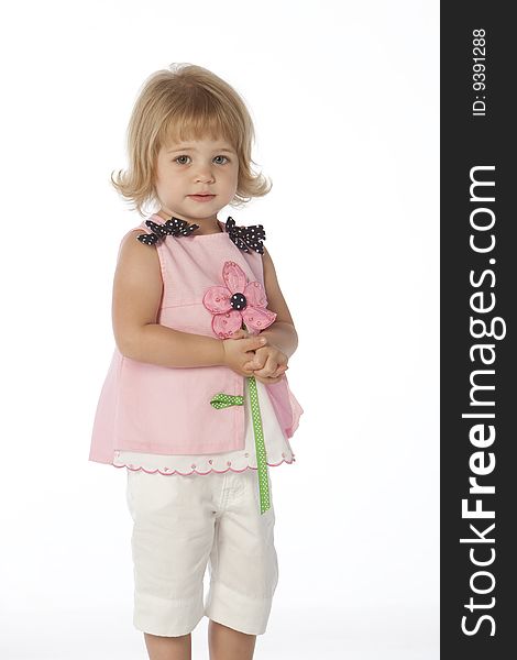 Little girl in pink top with white background