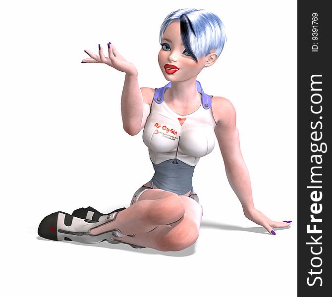 Female scifi heroine presenting something With Clipping Path over white