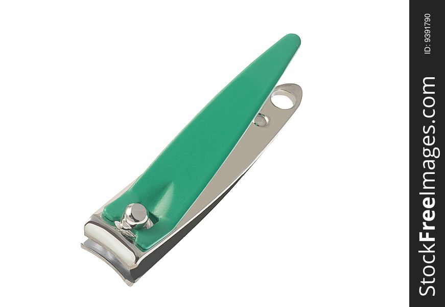 An image of a standard green stainless steel fingernail clipper isolated on white background with clipping path