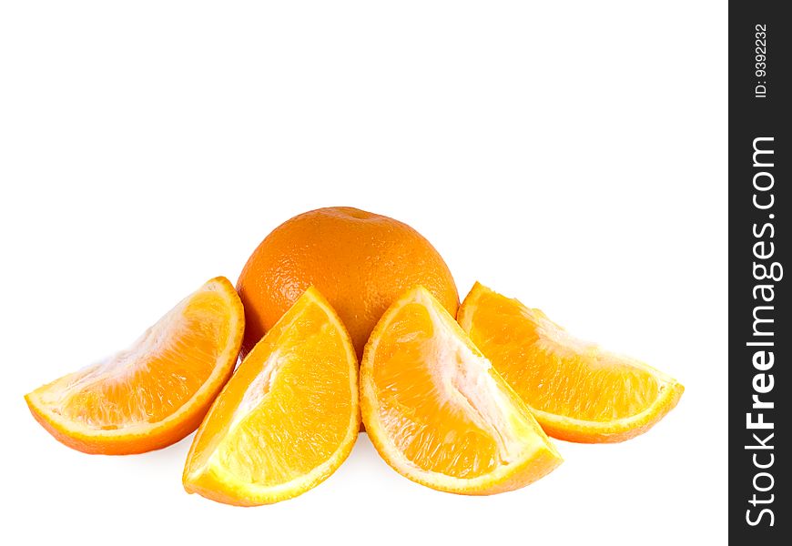 Orange with four segments on a white background. Orange with four segments on a white background