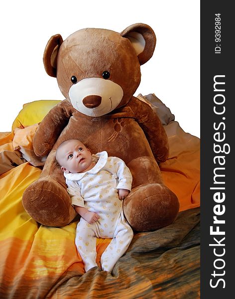 Infant baby boy with big bear toys. Infant baby boy with big bear toys