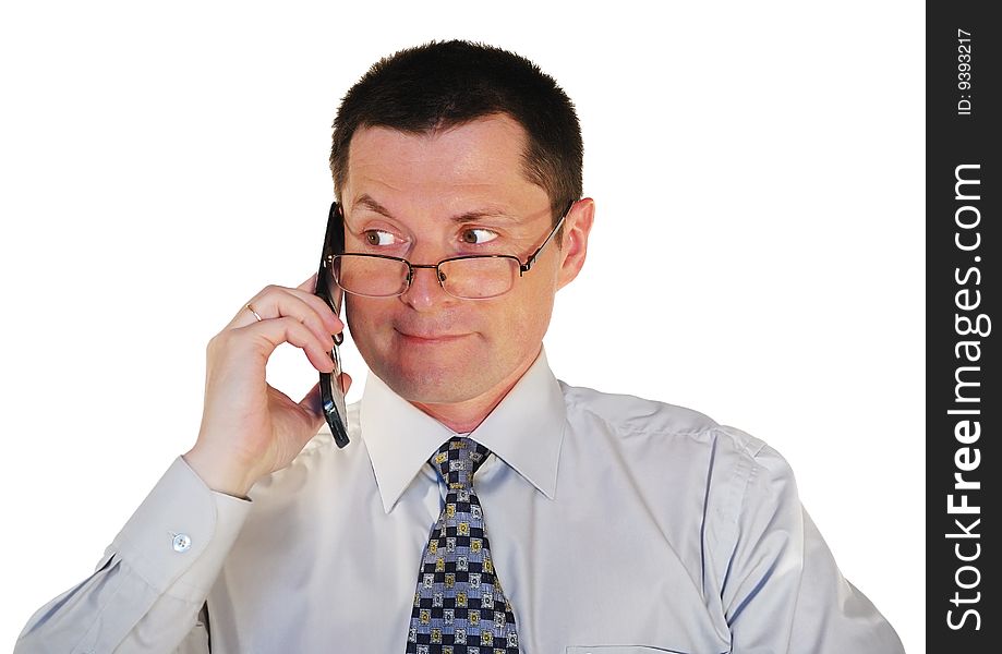 Portrait of man in glasses with a cell phone