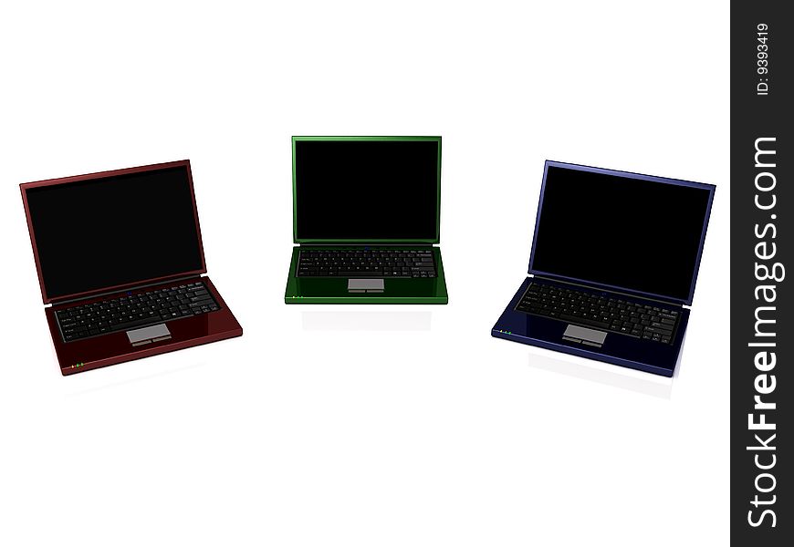 3D Rendering of 3 metallic coloured laptops. 3D Rendering of 3 metallic coloured laptops