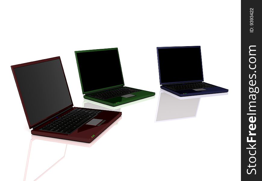 3D Rendering of 3 metallic coloured laptops. 3D Rendering of 3 metallic coloured laptops