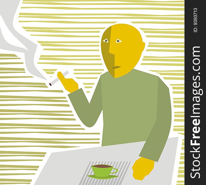 The man drinks coffee and smokes. Color vector illustration. Cartoon. The man drinks coffee and smokes. Color vector illustration. Cartoon.