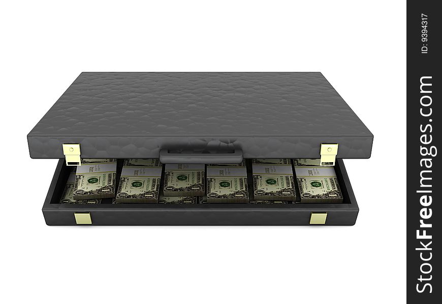 3d illustration of black suitcase with money, over white background. 3d illustration of black suitcase with money, over white background