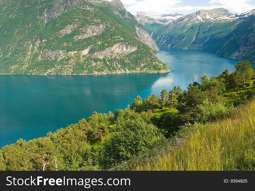 Beautiful summer fjord in Norway seen from a high viewpoint. Beautiful summer fjord in Norway seen from a high viewpoint