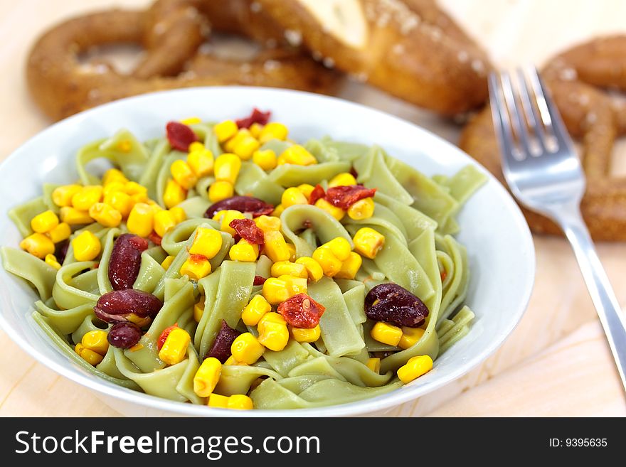 Green Pasta Salad With Corn And Kidney Beans.