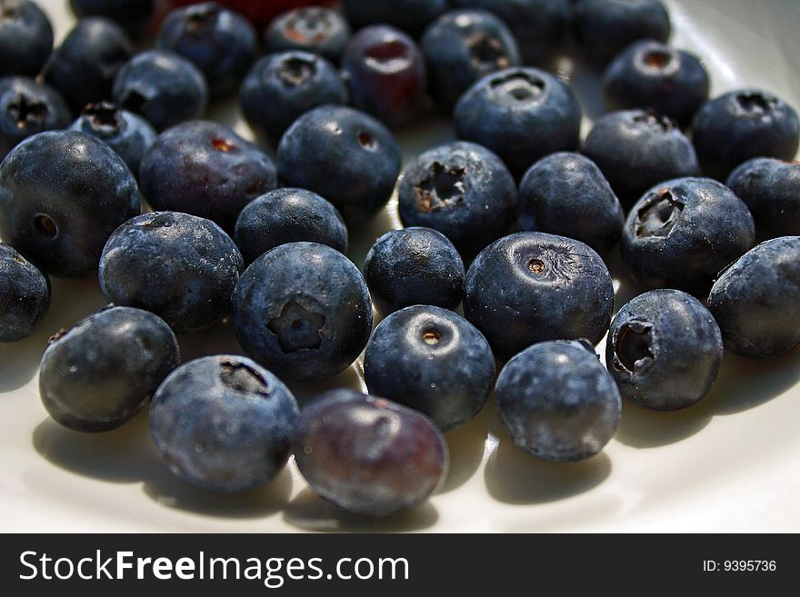 Many blueberries on a plate in the sun. Many blueberries on a plate in the sun