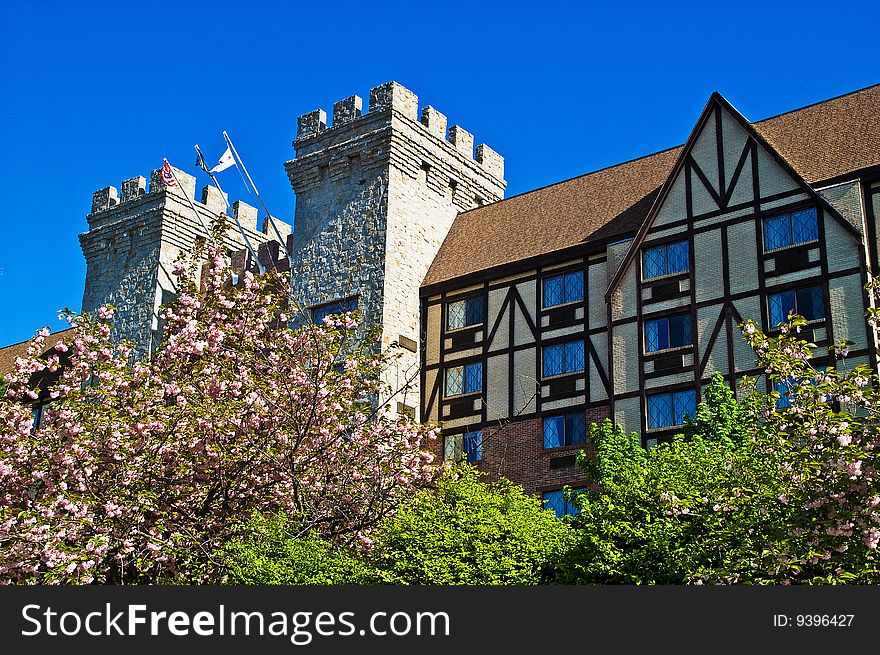 A Tudor Manor house in a Spring scene. A Tudor Manor house in a Spring scene