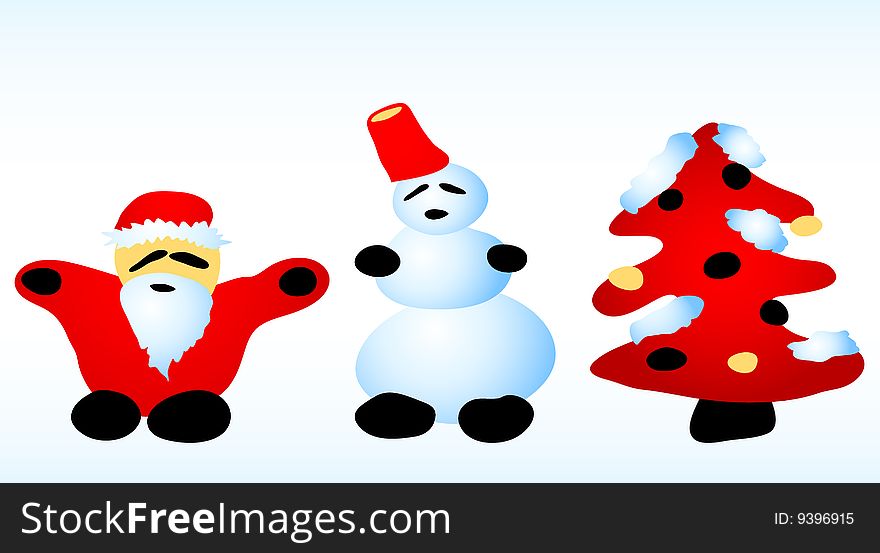 Santa claus, snowman, christmas tree in red. Santa claus, snowman, christmas tree in red