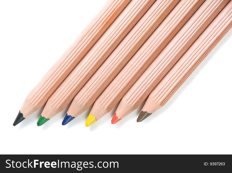 Six wooden pens isolated over white. Six wooden pens isolated over white